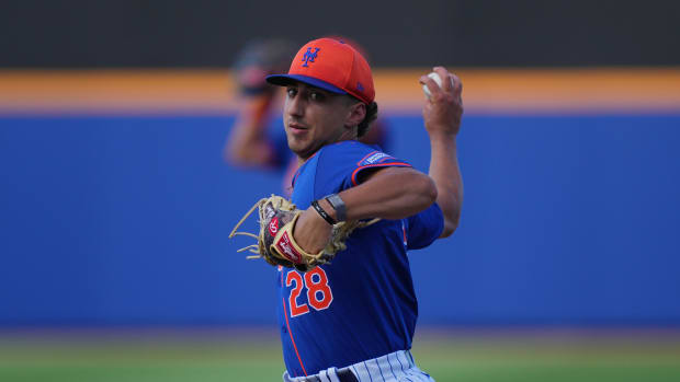 Mar 15, 2024; Port St. Lucie, Florida, USA; New York Mets pitcher Brandon Sproat (28) warms-up in the sixth inning against the Washington Nationals in the Spring Breakout game at Clover Park. Mandatory Credit: Jim Rassol-USA TODAY Sports